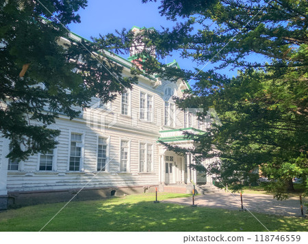 Hokkaido University, Furukawa Memorial Auditorium, diagonal front view, Kita Ward, Sapporo City, autumn evening. Hokkaido University, Furukawa Memorial Auditorium, diagonal front view, Kita Ward, Sapporo City, autumn evening. 118746559