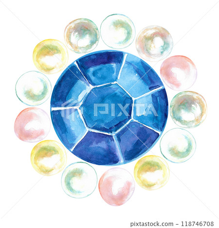Pearl beads surrounding blue crystal half sphere faceted gem hand-painted in watercolor. Brooch for necklace from precious pearls stringing in the round shape. Illustration drawn of mother-of-pearl Pearl beads surrounding blue crystal half sphere faceted gem hand-painted in watercolor. Brooch for necklace from precious pearls stringing in the round shape. Illustration drawn of mother-of-pearl 118746708
