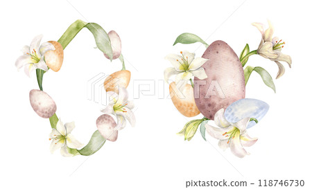 Watercolor Easter bloom frame in soft colors. Eggs and flowers lily isolated on white. White lily and leaves botanical art hand drawn. Floral wreath pastel tones. Design for Happy Easter, packaging. 118746730