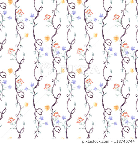 Seamless branches, flowers and hearts by watercolor pattern isolated. Vertical tree repeating background with delicate orange blue hand drawn flowers. Nature wallpaper with botanical plant elements. 118746744