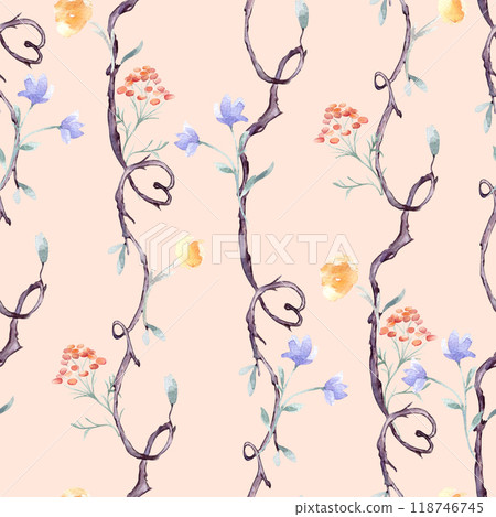 Seamless branches, flowers and hearts by watercolor pattern on pink. Vertical tree repeating background with delicate orange blue hand drawn flowers. Nature wallpaper with botanical plant elements. 118746745