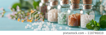 Assorted crystals in jars with flowers and mint leaves on a light blue surface, capturing the essence of natural beauty and tranquility. 118746810