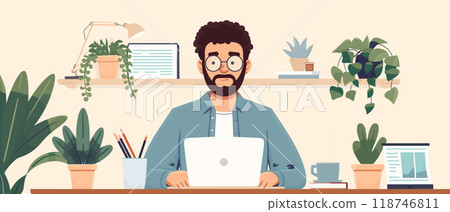 Cartoon illustration of a man working from home, surrounded by plants and office supplies, with a laptop in front of him. 118746811