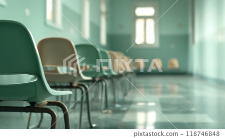 Empty chairs aligned in a hospital waiting area with green walls and natural light streaming through windows, creating a serene atmosphere. 118746848