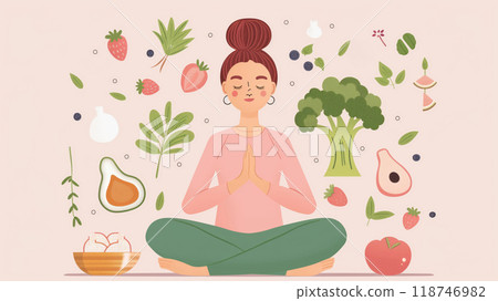Illustration of a person meditating amidst healthy foods like fruits and vegetables, promoting wellness and mindful living. 118746982