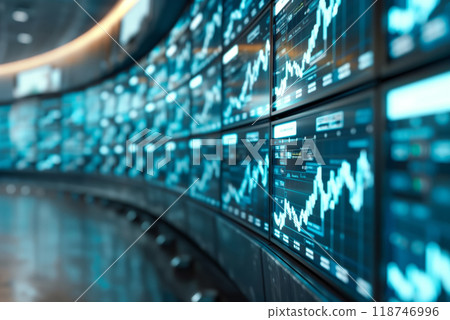 Multiple digital screens displaying financial graphs and data, representing real-time stock market analysis and trading in a modern setting. 118746996