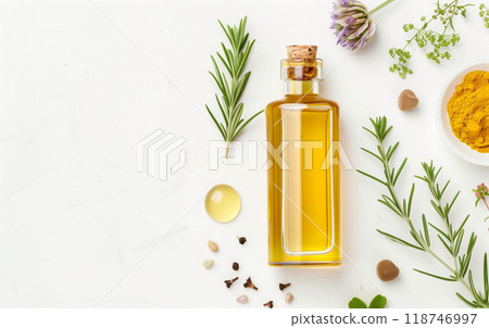 Natural essential oil bottle, herbs, and spices on white background. Perfect for aromatherapy and wellness concept photos. 118746997