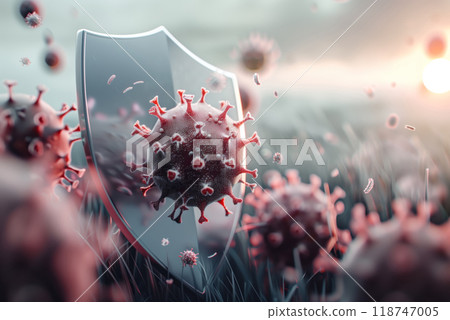 Protective shield blocking harmful viruses in nature setting, representing the concept of health defense and immunity in a stylized 3D rendering. 118747005