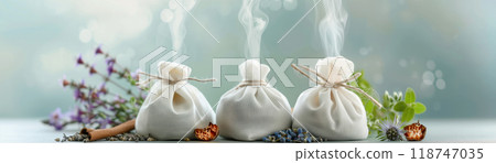 Three herbal pouches with aromatherapy steam and fresh herbs, creating a relaxing and soothing spa ambience. 118747035