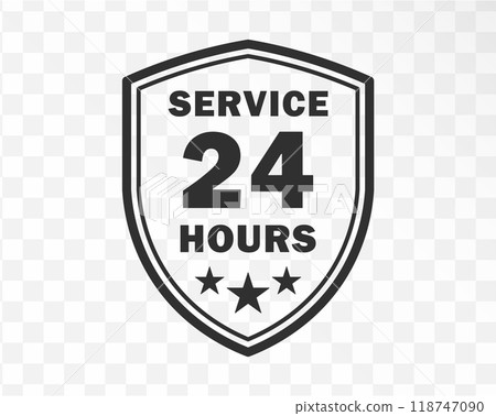 24 7 Service open 24 h hours a day and 7 days a week shield icon. Shop support logo symbol sign button. Vector illustration image. Isolated on background. 118747090