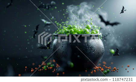 A bubbling cauldron with a mystical green potion, surrounded by bats in a dark, spooky atmosphere. 118747231