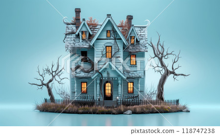 A spooky, abandoned haunted house with eerie lights and barren trees, perfect for Halloween and horror themes. 118747238