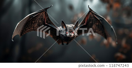 Close-up of a bat flying in a dark forest, highlighting its wings and alert expression, perfect for Halloween and wildlife themes. Close-up of a bat flying in a dark forest, highlighting its wings and alert expression, perfect for Halloween and wildlife themes. 118747243