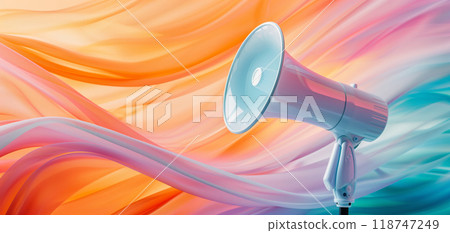 Bright and vibrant image of a megaphone in front of a colorful, abstract background, signifying communication and loud announcements 118747249