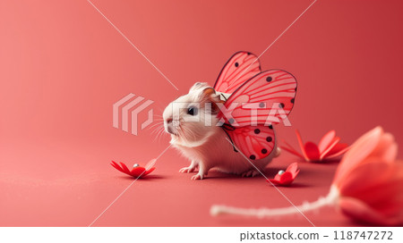 Cute hamster wearing butterfly wings, surrounded by pink flowers on a vibrant background, capturing a whimsical and dreamy moment. 118747272
