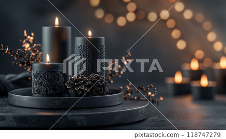 Elegant black candles with soft glowing flames, creating a cozy ambiance for a serene evening. Perfect for relaxation and meditation. Elegant black candles with soft glowing flames, creating a cozy ambiance for a serene evening. Perfect for relaxation and meditation. 118747279
