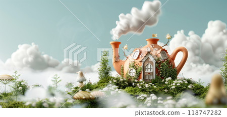 Fantasy teapot house with smoke chimney in whimsical cloud garden landscape, surrounded by flowers and greenery under a dreamy sky. 118747282