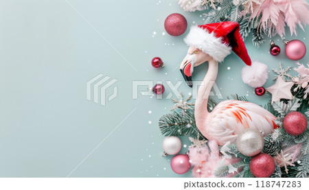 Festive flamingo in Santa hat surrounded by Christmas ornaments, pine branches, and baubles on light background for holiday season. 118747283