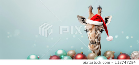 Festive giraffe wearing Santa hat surrounded by colorful Christmas ornaments on a light blue background, celebrating the holiday season. 118747284