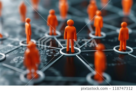 Network of orange plastic figures on a digital background symbolizing social connections, technology, data exchange, and collaboration. 118747312