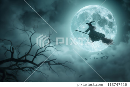 Silhouette of a witch flying on a broomstick across a full moonlit night sky, perfect for Halloween themes and spooky atmospheres. 118747316
