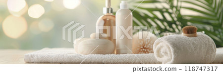 Spa essentials with soap, lotion, and towel on light background. Perfect for relaxation, wellness, and beauty concepts. 118747317