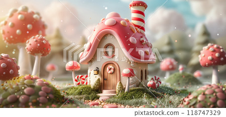 Whimsical fairy tale candy house surrounded by magical mushroom trees in a dreamy fantasy landscape. 118747329