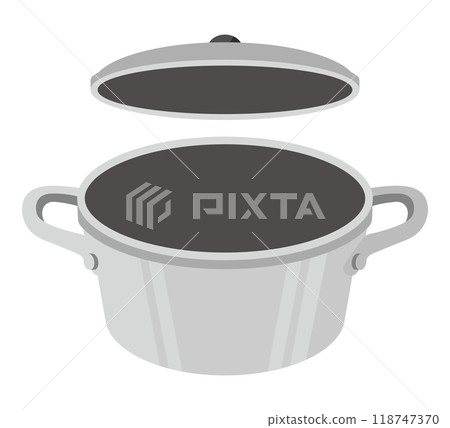 Silver stainless steel pot with open lid. Empty pot vector illustration. 118747370