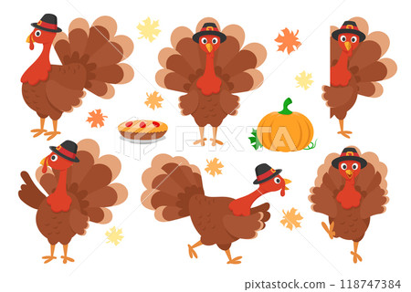Thanksgiving turkey bird set, in different poses on a white background. Happy Thanksgiving 118747384