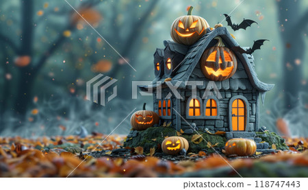 Halloween haunted house with glowing pumpkins and bats in a foggy, eerie forest setting, surrounded by autumn leaves. 118747443