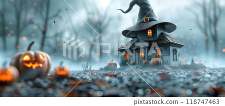 Spooky witch house with Halloween pumpkins in a foggy, eerie forest, capturing a haunting and magical Halloween atmosphere. 118747463