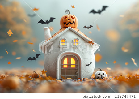 Whimsical Halloween house with pumpkin decorations and flying bats, surrounded by falling autumn leaves in a dreamy, magical setting. 118747471