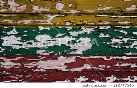 Flag of Lithuania painted on a wooden board Flag of Lithuania painted on a wooden board 118747540