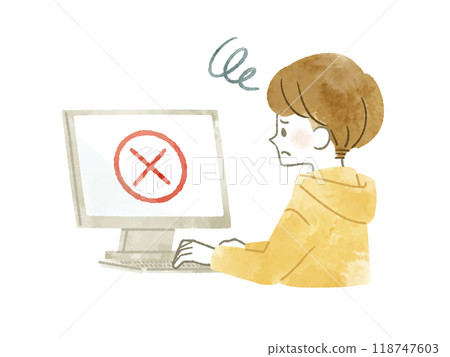 一個男人帶著困惑的表情使用電腦 — 水彩 一個男人帶著困惑的表情使用電腦 — 水彩 118747603
