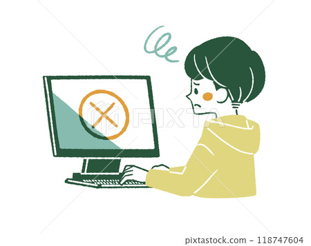一個男人帶著困惑的表情使用電腦 - 4 種顏色 一個男人帶著困惑的表情使用電腦 - 4 種顏色 118747604