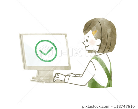 一個穿著圍裙使用電腦的女人 — 水彩 118747610