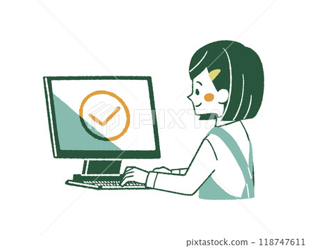 Woman wearing an apron using a computer - 4 colors Woman wearing an apron using a computer - 4 colors 118747611