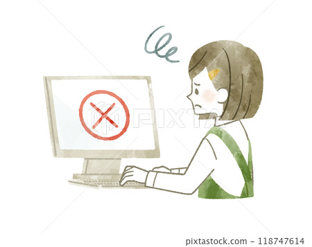 A woman wearing an apron using a computer with a troubled expression - watercolor 118747614