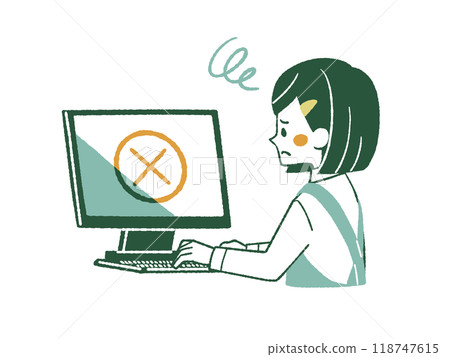 A woman wearing an apron using a computer with a troubled expression - 4 colors 118747615