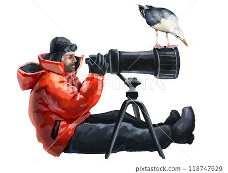 Polar photographer with a telescope, with a seagull perched on it. Can be used for illustrations in books, posters, travel agencies, advertising for environmental or nature exploring organizations. 118747629
