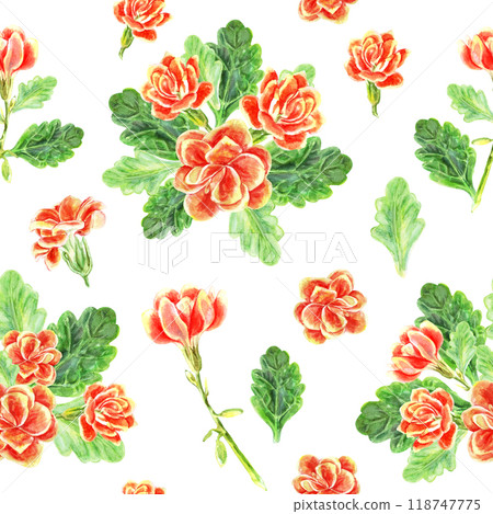 Seamless pattern of kalanchoe flowers and leaves of succulents bouquet. Watercolor hand painted illustration is drawn in red, yellow, orange and green colors on white background. Used in packaging, on 118747775