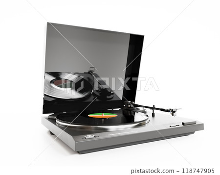 Old turntable with vinyl record on white Old turntable with vinyl record on white 118747905