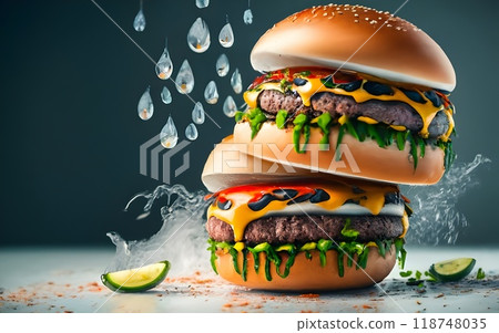 A visually stunning double cheeseburger stack featuring juicy patties, melted cheddar cheese, crispy lettuce, and bright purple onion rings. The burgers sit on a wooden board, with scattered coarse sa 118748035