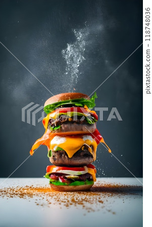 A visually stunning double cheeseburger stack featuring juicy patties, melted cheddar cheese, crispy lettuce, and bright purple onion rings. The burgers sit on a wooden board, with scattered coarse sa 118748036