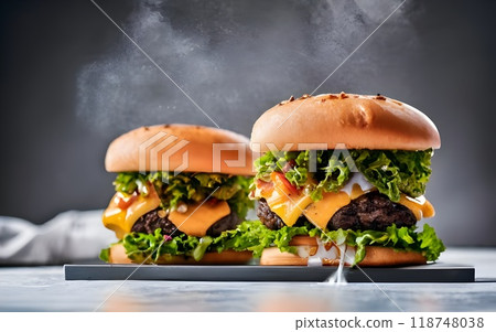 A visually stunning double cheeseburger stack featuring juicy patties, melted cheddar cheese, crispy lettuce, and bright purple onion rings. The burgers sit on a wooden board, with scattered coarse sa 118748038