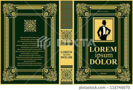 Ornate leather book cover and Old retro ornament frames. Royal Golden style design. Historical novel. Oriental style Vector illustration. Hand drawn illustration 118748070