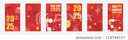 2025 Chinese New Year Luxury Templates. Year of the Snake Designs with Golden Snake and Ornaments. Red and Gold Minimal Geometric Patterns for Lunar New Year Posts, Stories, Flyers, and Posters. 118748157