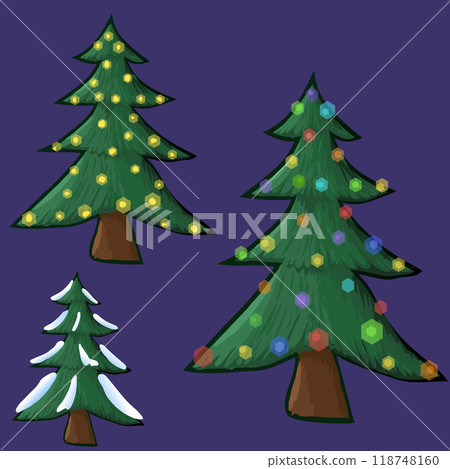 Christmas and New Year trees in several variations on a transparent background. Vector illustration an ordinary Christmas tree with snow on the branches and Christmas trees with luminous garlands of Christmas and New Year trees in several variations on a transparent background. Vector illustration an ordinary Christmas tree with snow on the branches and Christmas trees with luminous garlands of 118748160