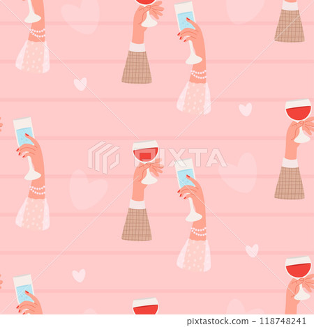 Romantic Seamless pattern. Male and female hand with glass of drink on soft pink striped background with hearts. Vector festive valentine illustration Romantic Seamless pattern. Male and female hand with glass of drink on soft pink striped background with hearts. Vector festive valentine illustration 118748241