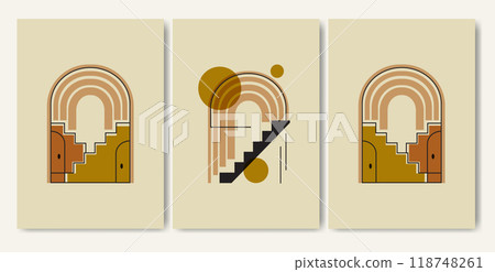 Burnt orange terracotta colors balancing shapes poster set. Minimalist aesthetic illustration collection 118748261